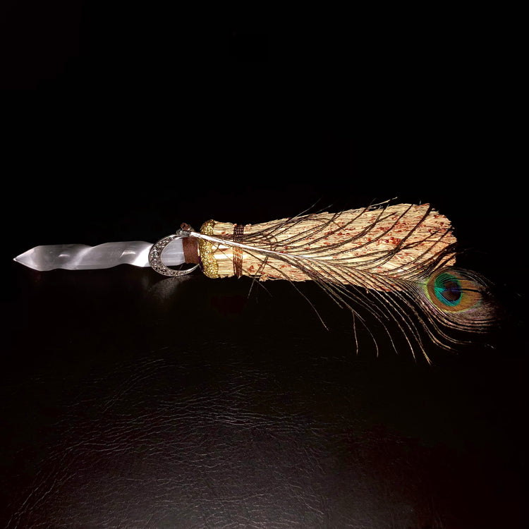 Selenite Besom Wand w/ Peacock Feather and Moon Charm